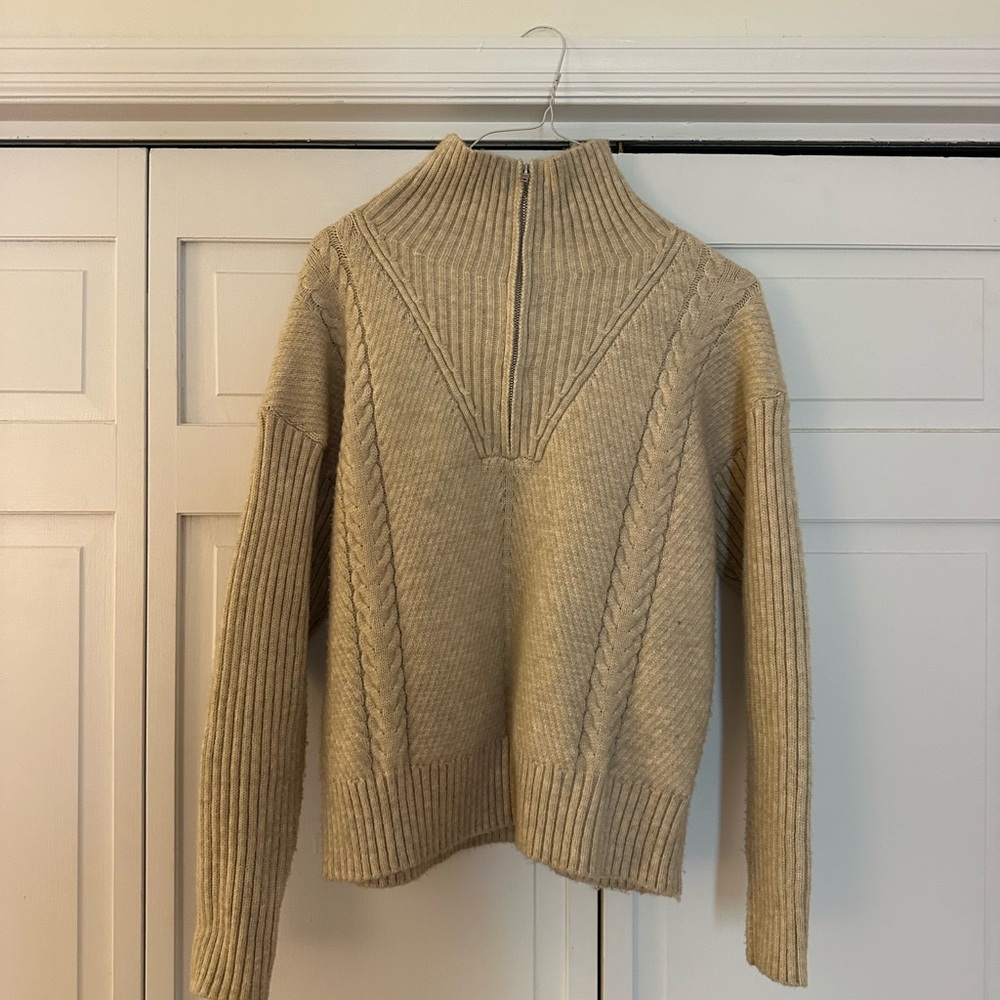 Skies Are Blue Taupe Cable Knit Half Zip Turtleneck Sweater